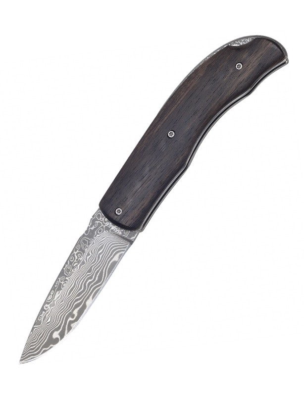 Couteau Pliant Damas - Lame Acier Damas - Manche Bois Wengé - Étui Cuir Inclus